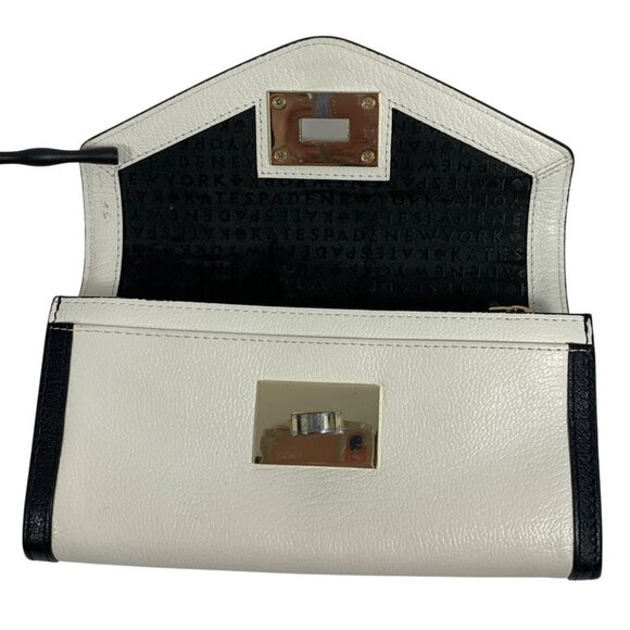 KATE SPADE Turnlock Wallet Clutch Black Off-White Tan Colorblock Leather - Picture 7 of 12